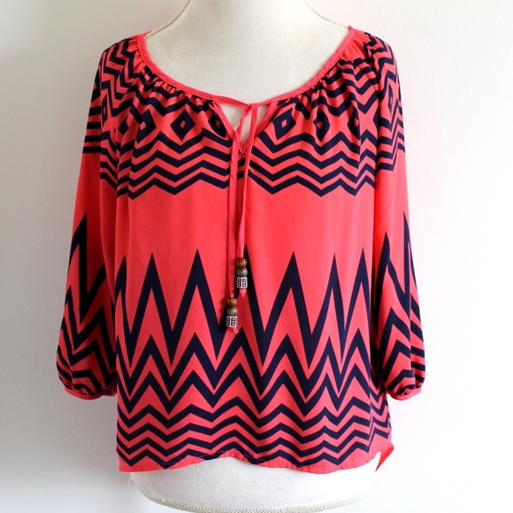 Jolt Tops - JOLT Sheer High-Lo Chevron 3/4 sleeve Top / Blouse